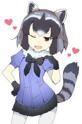 Rule 34 | 10s, 1girl, animal ears, black hair, black skirt, blouse, blue shirt, bow, bowtie, brown eyes, commentary request, common raccoon (kemono friends), cowboy shot, fang, fur collar, gedou (ge ge gedou), gloves, hand on own hip, head tilt, heart, kemono friends, looking at viewer, miniskirt, multicolored hair, open mouth, pantyhose, pleated skirt, puffy short sleeves, puffy sleeves, raccoon, raccoon ears, raccoon tail, shirt, short hair, short sleeves, skirt, smile, smug, solo, standing, striped tail, tail, white background, white pantyhose