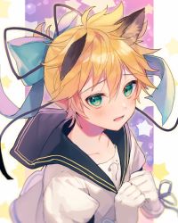 Rule 34 | 1boy, animal ears, aqua eyes, black ribbon, black sailor collar, blonde hair, blue ribbon, blush, cat ears, clenched hands, commentary request, fangs, gloves, hair ribbon, highres, kagamine len, kemonomimi mode, looking at viewer, magical nuko-lenlen (vocaloid), male focus, open mouth, own hands together, ponytail, ribbon, sailor collar, shinotarou (nagunaguex), shirt, skin fangs, solo, star (symbol), vocaloid, white gloves, white shirt, wrist ribbon