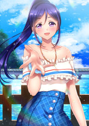 Rule 34 | 1girl, absurdres, artist request, bare shoulders, blue hair, blush, bridge, female focus, highres, jewelry, long hair, looking at viewer, love live!, love live! sunshine!!, matsuura kanan, necklace, ocean, open mouth, ponytail, purple eyes, skirt, sky, smile, solo