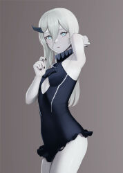 Rule 34 | 1girl, abyssal ship, black dress, black nails, black one-piece swimsuit, blue eyes, breasts, dress, grey background, grey hair, hair between eyes, highres, horns, kantai collection, long hair, looking at viewer, nail polish, ne-class heavy cruiser, one-piece swimsuit, pale skin, parted lips, porupurucha, simple background, single horn, sleeveless, small breasts, solo, swimsuit