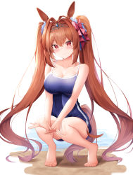 Rule 34 | absurdres, animal ears, bare legs, bare shoulders, barefoot, blue one-piece swimsuit, blush, breasts, brown hair, cleavage, collarbone, commentary, daiwa scarlet (umamusume), full body, hair intakes, hair ornament, hair ribbon, highres, horse ears, horse girl, horse tail, lancheu, large breasts, long hair, looking at viewer, one-piece swimsuit, red eyes, red ribbon, ribbon, school swimsuit, smile, squatting, swimsuit, tail, tiara, toenails, toes, twintails, umamusume, very long hair
