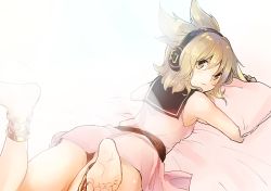 Rule 34 | 1girl, anklet, armpits, barefoot, blush, brown eyes, brown hair, closed mouth, dress, earmuffs, feet, from behind, jewelry, looking at viewer, looking back, lying, makuwauri, matching hair/eyes, hugging object, on stomach, pillow, pillow hug, pink dress, pointy hair, sleeveless, sleeveless dress, soles, solo, sunlight, toes, touhou, toyosatomimi no miko