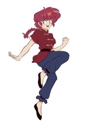 Rule 34 | 1girl, black footwear, blue eyes, braid, braided ponytail, breasts, chinese clothes, full body, happy, highres, medium breasts, open mouth, ranma-chan, ranma 1/2, red hair, red shirt, sarracenian, shirt, simple background, solo, tangzhuang, white background