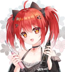 Rule 34 | 1girl, ahoge, animal ears, bad id, bad pixiv id, blush, choker, extra ears, fang, hair between eyes, hair ornament, hairclip, highres, mvv, open mouth, original, red hair, short hair, short twintails, solo, star-shaped pupils, star (symbol), symbol-shaped pupils, toothbrush, twintails, upper body, vivian (mvv)