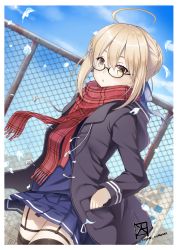 Rule 34 | 1girl, :o, ahoge, artoria pendragon (all), artoria pendragon (fate), black-framed eyewear, blonde hair, blush, braid, commentary request, dark persona, day, fate/grand order, fate (series), feathers, fence, french braid, glasses, hair between eyes, hand in pocket, jacket, looking at viewer, mono kuroma, mysterious heroine x alter (fate), mysterious heroine x alter (first ascension) (fate), plaid, plaid scarf, red scarf, saber (fate), scarf, school uniform, semi-rimless eyewear, sky, solo, thighhighs, twitter username, under-rim eyewear, yellow eyes