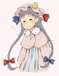 Rule 34 | 1girl, alternate hairstyle, arms at sides, black eyes, blue dress, blush, braid, capelet, chii-kun (seedyoulater), commentary, crescent, crescent pin, dress, hair ribbon, half-closed eyes, hat, hat ornament, hat ribbon, long hair, long sleeves, looking at viewer, mob cap, moon print, patchouli knowledge, pink background, pink hat, purple hair, ribbon, simple background, smile, smug, solo, star (symbol), star print, sun print, touhou, tress ribbon, twin braids, very long hair