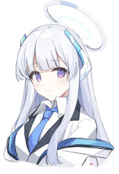 Rule 34 | 1girl, ao (mintz), blue archive, blue necktie, closed mouth, collared shirt, cropped torso, formal, halo, headphones, highres, light blush, long hair, looking at viewer, necktie, noa (blue archive), off shoulder, purple eyes, shirt, simple background, smile, solo, suit, upper body, white background, white hair, white shirt, white suit