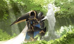 Rule 34 | absurdres, alphamon, armor, black armor, cape, commission, darkdog, digimon, forehead jewel, forest, full body, highres, kiss, kissing hand, knight, leaf, mechanical wings, nature, on one knee, solo, statue, twitter username, white cape, wings