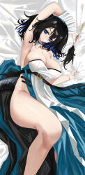 Rule 34 | 1girl, absurdres, arknights, arm up, armpits, bare legs, bare shoulders, bed sheet, black hair, blue eyes, blue nails, breasts, cleavage, commentary, detached collar, dress, duster, feather duster, feet out of frame, groin, highres, holding, kjera (arknights), kjera (ingenious servant) (arknights), large breasts, looking at viewer, lying, maid, maid headdress, nail polish, official alternate costume, short hair, solo, strapless, strapless dress, thick thighs, thighs, white dress, wrist cuffs, yuweishizi