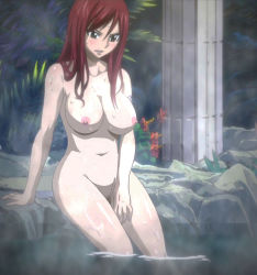 Rule 34 | 1girl, blush, breasts, erza scarlet, fairy tail, female focus, highres, large breasts, long hair, navel, nude, pussy, red hair, screencap, solo, tattoo, third-party edit, wet, wide hips