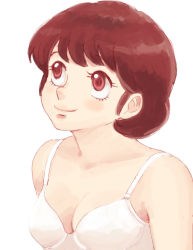 Rule 34 | 1girl, arms at sides, bad id, bad pixiv id, bare arms, bare shoulders, blush, bra, breasts, brown hair, cleavage, closed mouth, commentary request, female focus, lafolie, lingerie, looking up, maison ikkoku, medium breasts, neck, otonashi ikuko, red eyes, short hair, simple background, small breasts, smile, solo, underwear, upper body, white background, white bra