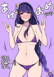 Rule 34 | 1girl, bare shoulders, bikini, blush, braid, breasts, closed mouth, collarbone, commentary, covered erect nipples, double v, embarrassed, genshin impact, gluteal fold, hair ornament, half-closed eyes, hands up, hidebou, highres, large breasts, linea alba, long hair, looking at viewer, low-braided long hair, low-tied long hair, micro bikini, mole, mole under eye, motion lines, navel, nervous smile, nose blush, purple background, purple bikini, purple eyes, purple hair, raiden shogun, raised eyebrows, side-tie bikini bottom, skindentation, smile, solo, string bikini, sweat, swimsuit, thighs, underboob, v, very long hair