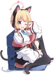 Rule 34 | 1girl, animal ear headphones, animal ears, black skirt, black thighhighs, blonde hair, blue archive, blush, bow, cat tail, drooling, fake animal ears, full body, hair bow, headphones, highres, momoi (blue archive), mouth drool, one eye closed, open mouth, pleated skirt, red bow, red eyes, short hair, simple background, skirt, solo, tail, thighhighs, white background, yairo ju