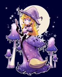 Rule 34 | 1girl, absurdres, black gloves, blonde hair, blue background, blue eyes, broom, corset, dress, earrings, elbow gloves, full moon, gloves, guichibo, hat, highres, holding, holding broom, jewelry, looking at viewer, mario (series), moon, mushroom, nintendo, princess peach, purple dress, purple hat, solo, star (symbol), starry background, white corset, witch hat