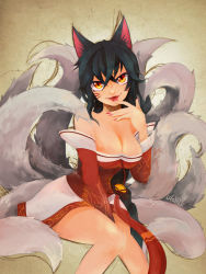 Rule 34 | 1girl, ahri (league of legends), animal ears, bare shoulders, between legs, black hair, breasts, cleavage, detached sleeves, facial mark, female focus, finger to mouth, fingernails, fox ears, fox tail, hair between eyes, hand between legs, korean clothes, large breasts, league of legends, long hair, looking at viewer, multiple tails, sakanoue yuuta, sharp fingernails, signature, sitting, slit pupils, solo, tail, tongue, tongue out, upper body, uta jinro, whisker markings, yellow eyes