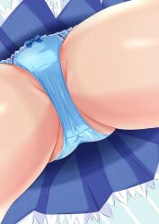 Rule 34 | 1girl, absurdres, blue panties, blue skirt, borrowed character, bow, bow panties, close-up, commentary request, commission, crotch, crotch seam, faltnep tsukasa, from below, highres, lace, lace-trimmed panties, lace trim, original, panties, partial commentary, pleated skirt, shironagasu kujira, skeb commission, skirt, solo, underwear, upskirt