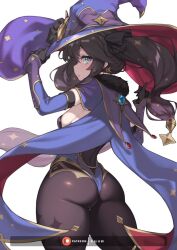 Rule 34 | 1girl, ass, back, black gloves, black hair, blue cape, blue hat, blue leotard, bodystocking, breasts, brown pantyhose, cape, commentary, detached sleeves, earrings, elbow gloves, fur collar, fuya (tempupupu), genshin impact, gloves, gold trim, green eyes, hat, hat ornament, highleg, highleg leotard, jewelry, leotard, long hair, looking at viewer, looking back, medium breasts, mona (genshin impact), pantyhose, pendant, solo, star (symbol), star earrings, thick thighs, thighlet, thighs, twintails, vision (genshin impact), witch hat
