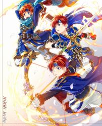 Rule 34 | armor, blue eyes, bow (weapon), cape, cosplay, dual persona, durandal (fire emblem), eliwood (fire emblem), eliwood (fire emblem) (cosplay), fire, fire emblem, fire emblem: the binding blade, fire emblem: the blazing blade, fire emblem heroes, headband, highres, holding, holding weapon, male focus, multiple boys, nintendo, one eye closed, open mouth, red hair, roy (fire emblem), roy (valentine) (fire emblem), short hair, smile, sword, weapon, yuki (yukin0128)