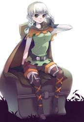 Rule 34 | 1girl, boots, braid, breasts, dragon&#039;s crown, elf, elf (dragon&#039;s crown), female focus, full body, gloves, highres, plant, pointy ears, shorts, sitting, solo, thigh boots, thighhighs, white background