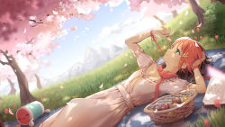 Rule 34 | 1girl, apple, basket, blue sky, breasts, cherry blossoms, commentary, day, dress, drum, english commentary, floral print, food, fruit, grass, green eyes, hair ornament, highres, instrument, mountainous horizon, original, osu!, outdoors, petals, pink dress, pippi (osu!), red hair, red ribbon, ribbon, short hair, short sleeves, sketchbook, sky, small breasts, taiko drum, taiko no tatsujin, tofumang, tree, twitter username, uwu, wada don, wrist ribbon