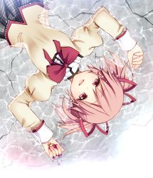 Rule 34 | 10s, 1girl, bad id, bad pixiv id, bow, bowtie, from above, highres, kaname madoka, lying, magical girl, mahou shoujo madoka magica, mahou shoujo madoka magica (anime), masaru.jp, on back, pink eyes, pink hair, school uniform, short hair, solo, soul gem, tears, twintails, water