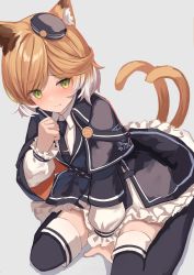 Rule 34 | 1girl, absurdres, animal ears, arknights, blonde hair, blush, boots, capelet, cat ears, cat girl, closed mouth, frilled skirt, frills, green eyes, hat, highres, mousse (arknights), multicolored hair, multiple tails, nekomata, short hair, skirt, solo, tail, takashima shoa, thigh boots, thighhighs, two tails, white hair