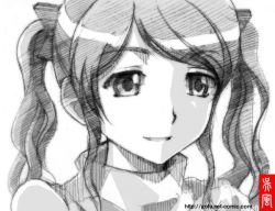 Rule 34 | 1girl, amagami, female focus, gofu, greyscale, long hair, monochrome, nakata sae, sketch, smile, solo, spot color, sweater, traditional media, twintails, white background