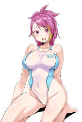 Rule 34 | 1girl, absurdres, bare shoulders, barefoot, blonde hair, blue one-piece swimsuit, blush, breasts, dot nose, highres, idolmaster, idolmaster million live!, idolmaster million live! theater days, large breasts, long hair, looking at viewer, maihama ayumu, multicolored hair, one-piece swimsuit, open mouth, pink eyes, pink hair, ponytail, simple background, sitting, smile, solo, streaked hair, swimsuit, takahiro (crimson bolt), white background