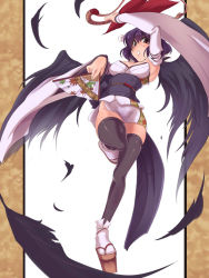 Rule 34 | 1girl, arm up, black eyes, black feathers, black hair, black thighhighs, black wings, blush, breasts, dual wielding, feathers, female focus, folding fan, geta, hand fan, holding, japanese clothes, kourindou tengu costume, legs folded, looking at viewer, no panties, obi, open mouth, pillarboxed, sash, shameimaru aya, short hair, solo, standing, standing on one leg, suikamaru, tengu-geta, thighhighs, touhou, wings