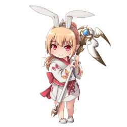 Rule 34 | 10s, 1girl, carrying, final fantasy, final fantasy xiv, hairband, holding, japanese clothes, jewelry, kaiyi, kimono, lalafell, light brown hair, long hair, looking at viewer, pointy ears, ponytail, red eyes, ring, simple background, smile, solo, staff, tiara, warrior of light (ff14), white background, yukata