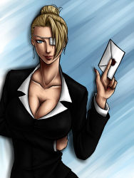 Rule 34 | 1girl, blonde hair, blue eyes, breast hold, breasts, cleavage, earrings, eyepatch, fatal fury, formal, hair over one eye, jewelry, large breasts, letter, lips, mature (kof), nail polish, short ponytail, suit, takasumi (orangez), the king of fighters