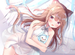 Rule 34 | 1girl, animal ears, bare arms, bare shoulders, blush, braid, brown hair, cat ears, cat girl, cat tail, commentary request, dress, fang, hair between eyes, long hair, looking at viewer, lying, masayo (gin no ame), hugging object, on side, open mouth, original, red eyes, ribbon, see-through, see-through silhouette, sleeveless, sleeveless dress, solo, tail, tail ornament, tail raised, tail ribbon, thigh gap, very long hair, white dress, white ribbon
