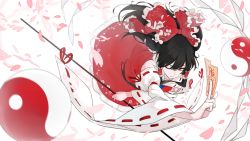 Rule 34 | 1girl, bare shoulders, black hair, blue neckwear, bow, cherry blossoms, collared shirt, detached sleeves, fighting stance, floating hair, floral print, frilled bow, frilled shirt collar, frilled skirt, frills, gohei, hair bow, hair tubes, hakurei reimu, hidden star in four seasons, highres, long hair, ofuda, one eye closed, petals, red bow, red eyes, red shirt, red skirt, ribbon-trimmed sleeves, ribbon trim, shirt, skirt, sleeveless, sleeveless shirt, solo, touhou, wide sleeves, xianjian lingluan, yin yang