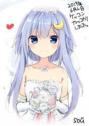 Rule 34 | 1girl, blue eyes, blush, bouquet, closed mouth, crescent, crescent pin, dated, dress, elbow gloves, flower, frills, gloves, heart, kantai collection, looking at viewer, purple hair, rose, short hair with long locks, smile, solo, sou (soutennkouchi), tiara, wedding, wedding dress, white dress, white flower, white gloves, yayoi (kancolle)