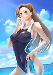 Rule 34 | 1girl, absurdres, alternate costume, aqua eyes, blue sky, blurry, blurry background, blush, bottle, breasts, brown hair, cloud, commentary request, competition swimsuit, covered navel, cowboy shot, day, female focus, hair ribbon, highres, horizon, katarina claes, lavenderpa, long hair, looking at viewer, medium breasts, ocean, one-piece swimsuit, otome game no hametsu flag shika nai akuyaku reijou ni tensei shite shimatta, outdoors, ribbon, sky, solo, swept bangs, swimsuit, towel, towel around neck, upper body, water bottle