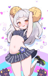 Rule 34 | 1girl, :d, alternate costume, armpits, arms up, blunt bangs, blush, breasts, cheerleader, commentary request, floral background, grey hair, heart, heart background, highres, hololive, kani bonara, long hair, looking at viewer, microskirt, murasaki shion, navel, open mouth, orange eyes, panties, pantyshot, pleated skirt, pom pom (cheerleading), shiokko (murasaki shion), skirt, small breasts, smile, solo, standing, standing on one leg, stomach, underwear, virtual youtuber, white panties