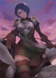 Rule 34 | 1girl, alternate costume, armor, blue hair, boobplate, boots, bow (weapon), breastplate, cloud, cloudy sky, dress, feathered wings, feathers, fire emblem, fire emblem: three houses, gloves, hair over one eye, highres, namerow chang, nintendo, purple eyes, resolution mismatch, shamir nevrand, sky, solo, source smaller, thighhighs, weapon, wings