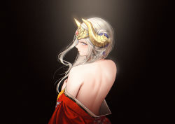 Rule 34 | 1girl, alternate costume, back, back focus, black background, edelgard von hresvelg, fire emblem, fire emblem: three houses, frown, grey hair, highres, horns, japanese clothes, kimono, long hair, looking at viewer, looking back, nintendo, off shoulder, purple eyes, shizuko hideyoshi, solo, undressing