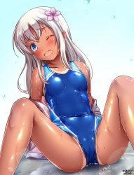 Rule 34 | 1girl, alternate costume, artist name, blue eyes, blue one-piece swimsuit, blush, breasts, cameltoe, collarbone, competition swimsuit, covered navel, dated, feet out of frame, hair between eyes, hair ornament, highres, jacket, kantai collection, long hair, looking at viewer, one-piece swimsuit, one-piece tan, one eye closed, open clothes, open jacket, open mouth, outstretched arms, partially visible vulva, pink jacket, ro-500 (kancolle), silver hair, simple background, sitting, small breasts, solo, spread legs, swimsuit, swimsuit under clothes, tan, tanline, tsuchimiya, wet, wet clothes, wet swimsuit, white background
