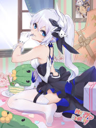 Rule 34 | 1girl, absurdres, back, blue eyes, border, cake, cake slice, closed mouth, cross (weapon), curtains, flower, food, food on face, gift, gloves, hair between eyes, hair ornament, happy birthday, highres, holding, holding spoon, honkai (series), honkai impact 3rd, indoors, looking at viewer, no shoes, on floor, pink flower, pink rose, plate, portrait (object), rose, sitting, soles, solo, spoon, theresa apocalypse, theresa apocalypse (twilight paladin), thighhighs, utensil in mouth, white gloves, white hair, white thighhighs, wucanming