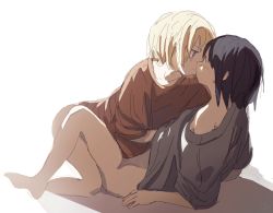 Rule 34 | 2girls, bandaid, bandaid on face, black hair, blush, bottomless, eye contact, hand under clothes, highres, kneeling, looking at another, lying, multiple girls, on back, original, resolution mismatch, roisa, shadow, short hair, sketch, source smaller, sunlight, white hair, yuri