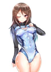 Rule 34 | 10s, 1girl, ;), ;d, arm at side, blue hair, blue jacket, blush, breasts, brown hair, cleavage, closed mouth, clothes lift, competition swimsuit, covered erect nipples, covered navel, cowboy shot, girls und panzer, gradient hair, highres, jacket, jacket lift, lifting own clothes, long hair, long sleeves, looking at viewer, medium breasts, mika (girls und panzer), multicolored hair, no headwear, one-piece swimsuit, one eye closed, open mouth, red eyes, shiny clothes, shiny skin, silly (marinkomoe), simple background, skin tight, smile, solo, standing, swimsuit, swimsuit under clothes, track jacket, water, water drop, wet, wet hair, white background, zipper