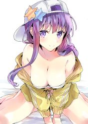 Rule 34 | 1girl, absurdres, bare shoulders, bb (fate), bb (fate) (all), bb (swimsuit mooncancer) (fate), bb (swimsuit mooncancer) (first ascension) (fate), bed sheet, between legs, bikini, blush, braid, breasts, cleavage, closed mouth, collarbone, commentary request, fate/grand order, fate (series), flat cap, hair between eyes, hand between legs, hat, highres, jacket, large breasts, long hair, long sleeves, midriff peek, navel, off shoulder, purple eyes, purple hair, sideways hat, sitting, smile, solo, star (symbol), swimsuit, tomozero, very long hair, wariza, white background, white bikini, white hat, yellow jacket