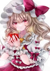 Rule 34 | 1girl, apple, blonde hair, blush, collared shirt, flandre scarlet, food, frilled shorts, frills, fruit, hair between eyes, hat, highres, holding, holding food, holding fruit, jaku sono, long hair, mob cap, one side up, parted lips, pointy ears, red eyes, red skirt, red vest, shirt, short sleeves, shorts, simple background, skirt, solo, touhou, vest, white background, white hat, white shirt, wrist cuffs