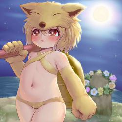 Rule 34 | 1girl, absurdres, bell, blonde hair, blush, closed mouth, commentary request, commission, cowboy shot, elbow gloves, flat chest, flower, fox hat, full moon, gloves, halterneck, head wreath, highres, holding, holding staff, horizon, looking afar, moon, moonlight flower, navel, night, outdoors, ragnarok online, red eyes, second-party source, short hair, skeb commission, solo, staff, tombstone, vanilla (v-palace), water, white flower, yellow flower