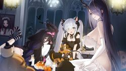 Rule 34 | 3girls, adventure galley (azur lane), adventure galley (carnival under the blood moon) (azur lane), all fours, animal ears, artist request, azur lane, black dress, black socks, black thighhighs, blue eyes, braid, breasts, cat ears, clothing cutout, dress, elbow gloves, fake animal ears, feet up, gloves, golden hind (azur lane), golden hind (forlorn femme fatale) (azur lane), hair between eyes, hair over one eye, hairband, half-closed eyes, halloween, hat, horns, huge breasts, hugging object, indoors, jack-o&#039;-lantern, janus (azur lane), janus (fright-night scaredy-cat) (azur lane), long dress, long hair, lying, manjuu (azur lane), mouth hold, multiple girls, navel, no shoes, non-web source, official alternate costume, on stomach, open mouth, panties, pillow, pillow hug, pink hairband, pink panties, portrait (object), puffy short sleeves, puffy sleeves, purple eyes, purple hair, see-through, see-through dress, short dress, short sleeves, shoulder cutout, sitting, small breasts, socks, striped clothes, striped socks, thighhighs, twintails, umbrella octopus, underwear, very long hair, white dress, white gloves, white hair, white socks, whydah (azur lane), whydah (lazy pirate angel) (azur lane), witch hat
