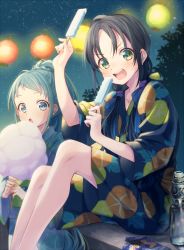 Rule 34 | 2girls, aqua hair, black hair, blue eyes, commentary request, cotton candy, festival, food, green eyes, high ponytail, japanese clothes, kantai collection, kimono, lantern, long hair, looking at viewer, low twintails, multiple girls, night, paper lantern, popsicle, ramune, samidare (kancolle), shorts, sitting, sky, star (sky), starry sky, summer festival, suzukaze (kancolle), swept bangs, totto (naka), twintails, yukata