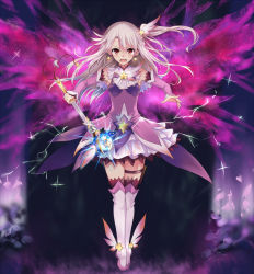 Rule 34 | 1girl, ankle wings, boots, detached sleeves, dress, earrings, energy wings, fate/kaleid liner prisma illya, fate (series), floating, holster, illyasviel von einzbern, jewelry, long hair, magical girl, magical ruby, magical sapphire, open mouth, pink dress, prisma illya, prisma illya (zwei form), red eyes, serious, shoes, side ponytail, silver hair, solo, star (symbol), tears, thigh boots, thigh holster, thigh strap, thighhighs, tsuezu, wand, winged footwear, wings, zwei form