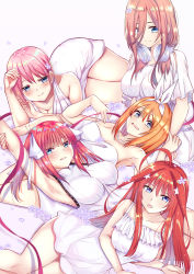 Rule 34 | 5girls, absurdres, ahoge, armpits, arms up, bare shoulders, blue eyes, blunt bangs, bow, breasts, brown hair, cleavage, closed mouth, collarbone, dress, flower, go-toubun no hanayome, green ribbon, hair between eyes, hair flower, hair ornament, hair ribbon, headphones, headphones around neck, highres, jewelry, large breasts, long hair, looking at viewer, lying, medium hair, multiple girls, nakano ichika, nakano itsuki, nakano miku, nakano nino, nakano yotsuba, necklace, on back, on side, open mouth, orange hair, pink hair, red hair, ribbon, rinringyo, see-through, short hair, siblings, sisters, smile, star (symbol), star hair ornament, thighs, tongue, tongue out, white dress, white ribbon