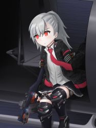 Rule 34 | 1girl, aircraft, black footwear, black gloves, black jacket, black skirt, black thighhighs, blush, closed mouth, closers, collared shirt, commentary, dress shirt, feet out of frame, gloves, grey hair, gun, hair between eyes, hand up, helicopter, highres, holding, holding gun, holding weapon, jacket, knee pads, long hair, long sleeves, necktie, open clothes, open jacket, pleated skirt, red eyes, red necktie, shirt, shoes, skirt, solo, speed lines, stratosphere (coom1017), thighhighs, tina (closers), weapon, weapon request, white shirt